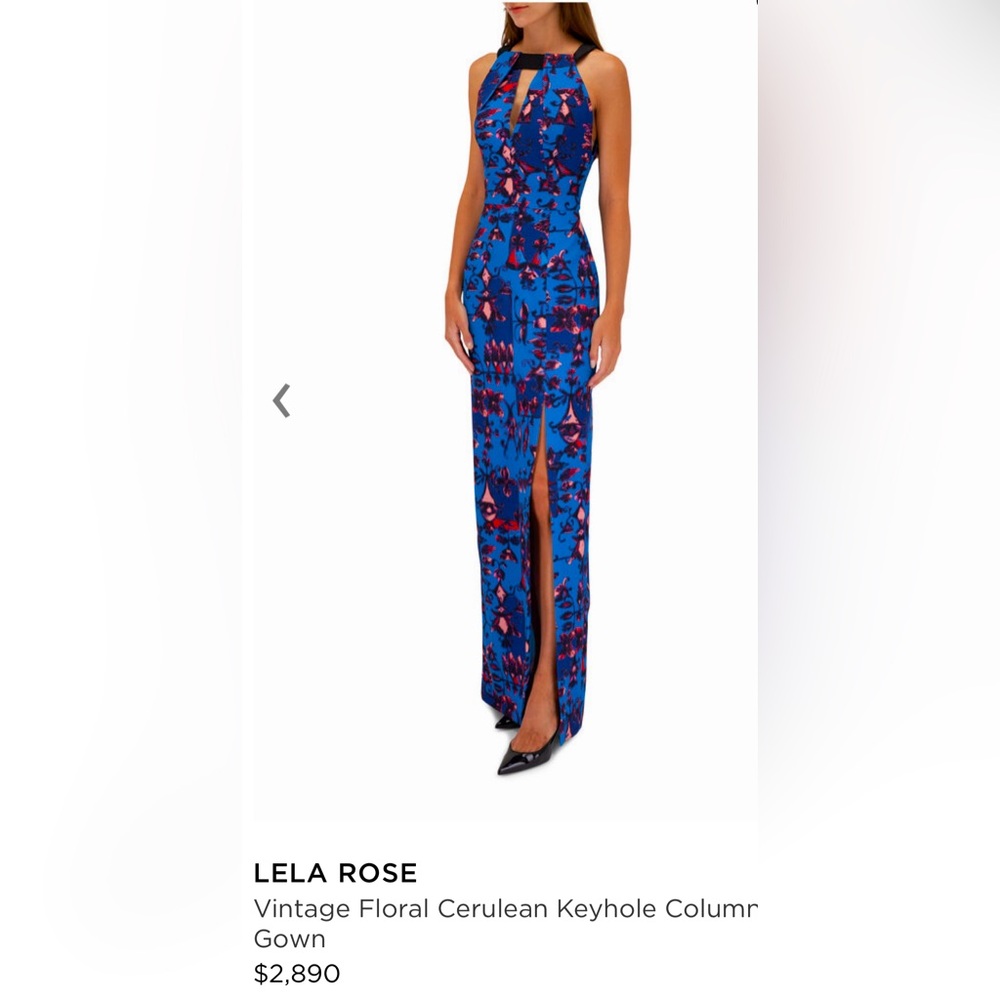 Lela Rose Vintage Floral Cerulean Keyhole Column Gown